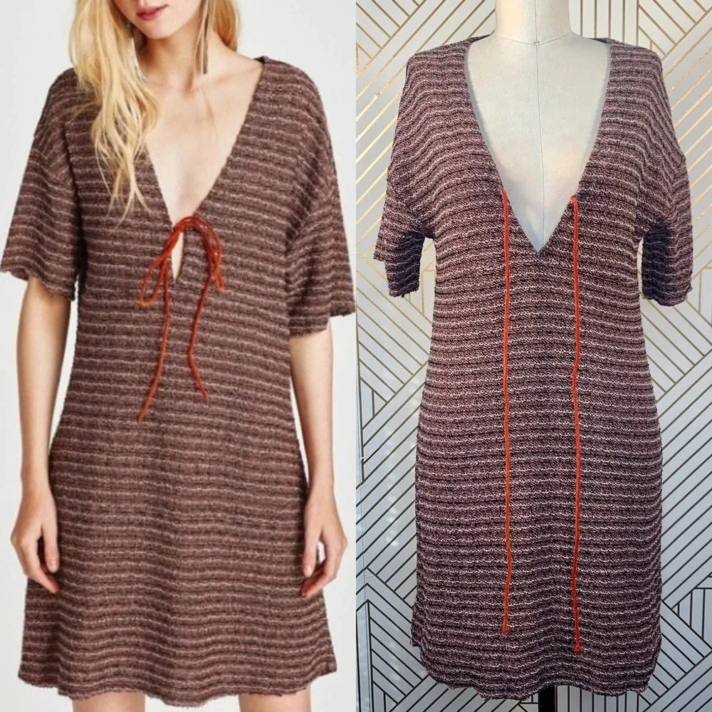 Zara‎ Tweed Pink Orange Stripe Tie Neck Short Sleeve Mini Dress Size Small
